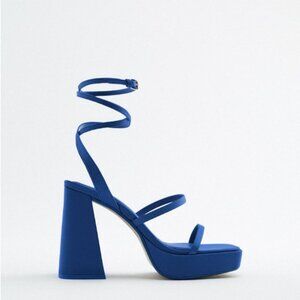 BRAND NEW ZARA BLUE STRAPPY CHUNKY PLATFORM HEELED SANDALS, 7.5